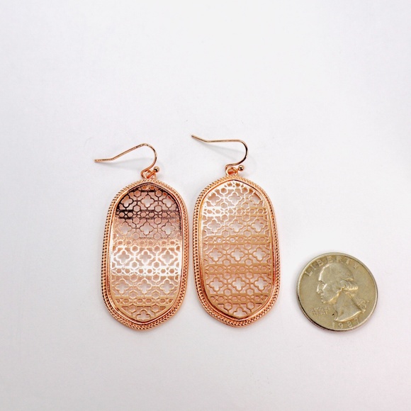 Rose Gold Earrings | Rose Gold Filigree Earrings | Oval Statement Earrings - Picture 2 of 2